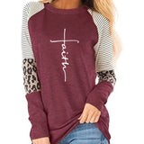 Romildi Faith Letter Print Crew Neck T-Shirt, Long Sleeve Casual Every Day Top For Spring & Fall, Women's Clothing