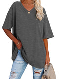 Romildi Basic Loose Solid T-Shirts, Casual Short Sleeve V-Neck T-Shirts, Casual Every Day Tops, Women's Clothing