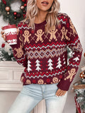 Elegant Women's Christmas Pullover Sweater with Reindeer and Tree Motif, Crew Neck Long Sleeve Knit, Acrylic Color Block Festive Top for Fall/Winter