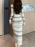 Romildi Striped Bodycon Midi Dress, Elegant Scoop Neck Long Sleeve Dress, Women's Clothing