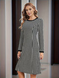 Romildi Houndstooth Pattern Contrast Trim Dress, Elegant Long Sleeve Crew Neck Dress, Women's Clothing