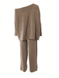Romildi Casual Solid Two-piece Set, One-shoulder Loose Top & Wide Leg Pants Outfits, Women's Clothing