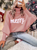 High Collar Loose Bat Sleeve Autumn and Winter Letter Knitted Sweater, Merry Christmas Women's Top