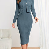 Romildi Solid Ribbed Two-piece Set, Button Front Long Sleeve Cardigan & Sleeveless Bodycon Dress Outfits, Women's Clothing