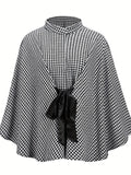 RomildiHoundstooth Print Cape Top, Casual Tie Front Loose Outerwear, Women's Clothing