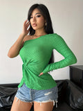 Romildi Twist Front Textured One Shoulder T-Shirt, Casual Long Sleeve Top For Spring & Fall, Women's Clothing