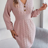 Romildi Cable Knit Sweater Dress, Casual V Neck Long Sleeve Dress, Women's Clothing