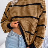 Romildi Striped Lantern Sleeve Sweater, Casual Turtle Neck Long Sleeve Sweater, Casual Tops For Fall & Winter, Women's Clothing