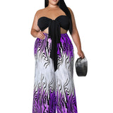 Romildi Plus Size Knot Front Graphic Print Strapless Top & Pants Set, Women's Plus Medium Stretch Two Piece Set