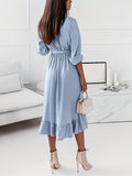 Romildi Ruffle Hem Surplice Neck Dress, Elegant Solid Long Sleeve Midi Dress, Women's Clothing