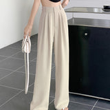 Romildi Solid Draped Straight Leg Pants, Casual High Waist Loose Suit Pants, Women's Clothing