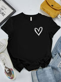 Romildi Heart Print Graphic T-Shirt, Short Sleeve Crew Neck Casual Top For Spring & Summer, Women's Clothing