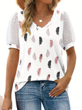 Romildi Feather Print Mesh Stitching V Neck T-Shirt, Casual Swiss Dot Lantern Sleeve Top, Women's Clothing