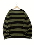 Benpaolv Plus Size Men's Fashion Striped Sweater Ripped Knit Sweater, Long-sleeved Pullover Spring/autumn Tops For Big & Tall Guys