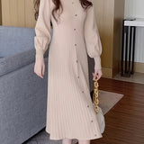 Romildi Ribbed Mock Neck Dress, Casual Button Front Long Lantern Sleeve Dress, Women's Clothing