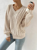 Romildi Women's Sweater Casual V Neck Cable Long Sleeve Loose Fall Winter Sweater