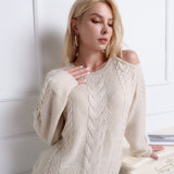 Romildi Solid Side Cold Shoulder Sweater, Casual Cable Knit Pullover Knitted Top For Fall & Winter, Women's Clothing