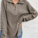 Romildi Long Sleeve Half Zip Sweater, Side Slit Casual Sweater For Winter & Fall, Women's Clothing