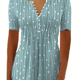 Romildi Polka Dot Button T-Shirt, V Neck Short Sleeve T-Shirt, Casual Every Day Tops, Women's Clothing