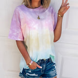 Romildi Tie Dye Color Block T-Shirt, Crew Neck Short Sleeve T-Shirt, Casual Every Day Tops, Women's Clothing