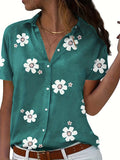 Romildi Romildi Floral Print Button Down Shirt, Casual Short Sleeve Shirt For Spring & Summer, Women's Clothing