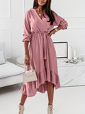 Romildi Ruffle Hem Surplice Neck Dress, Elegant Solid Long Sleeve Midi Dress, Women's Clothing