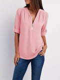 Romildi Solid V Neck Blouse, Casual Ruched Rollable Sleeve Half Zip Blouse, Women's Clothing