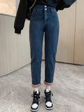 Romildi Fleece Liner Casual Straight Jeans, High Waist Double Button Cropped Denim Pants, Women's Denim Jeans & Clothing