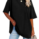 Romildi Drop Shoulder Half Sleeve T-Shirt, Loose Crew Neck Casual Top For Summer & Spring, Women's Clothing