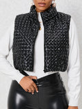 Romildi Solid Zip Up Cotton-padded Coat, Elegant Sleeveless Outwear For Winter, Women's Clothing