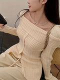 Romildi Solid Off Shoulder Rib Knit Sweater, Elegant Button Front Long Sleeve Slim Sweater, Women's Clothing