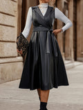 Romildi Solid Lapel Belted Dress, Elegant Faux Leather Sleeveless Dress, Women's Clothing