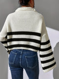 Romildi Striped Pattern Half Zip Pullover Sweater, Casual Bell Sleeve Sweater For Fall & Winter, Women's Clothing