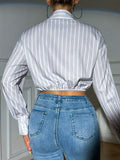 Romildi Stripe Print Polo Collar Button Crop Blouse, Casual Long Sleeve Blouse For Spring & Fall, Women's Clothing