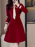 Romildi Tie Neck A Line Dress, Elegant Long Sleeve Midi Dress, Women's Clothing