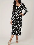 Romildi Polka Dot Print Long Sleeve Dress, Casual V Neck Split Hem Dress For Spring & Fall, Women's Clothing