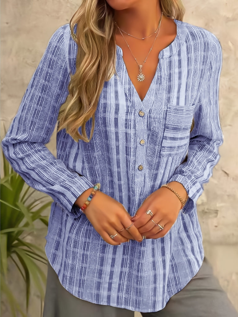 Romildi Colorblock Stripe Print V Neck Blouse, Casual Long Sleeve Blouse For Spring & Fall, Women's Clothing
