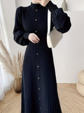 Romildi Ribbed Mock Neck Dress, Casual Button Front Long Lantern Sleeve Dress, Women's Clothing