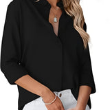 Romildi V-neck Loose Lapel Chiffon Blouses, Casual Button Down Long Sleeve Fashion Shirts Tops, Women's Clothing