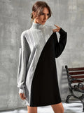 Romildi Color Block Drop Shoulder Dress, Elegant High Neck Long Sleeve Dress, Women's Clothing