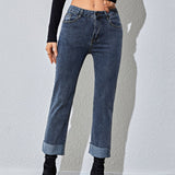 Romildi Raw Hem Rolled Legs Mid Rise Slim Fit Straight Legs High Stretchy Washed Blue Color Vintage Straight Jeans, Women's Denim Jeans