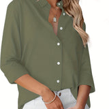 Romildi V-neck Loose Lapel Chiffon Blouses, Casual Button Down Long Sleeve Fashion Shirts Tops, Women's Clothing