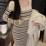 Romildi Striped Print Knitted Slim Dress, Elegant Long Sleeve Dress, Women's Clothing