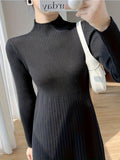 Romildi Mock Neck Ribbed Dress, Casual Solid Long Sleeve Midi Dress, Women's Clothing