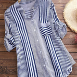 Romildi Striped Print Rollable Sleeve Shirt, Casual Button Front Hem Arc Collar Shirt, Women's Clothing
