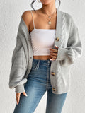 Romildi Solid Button Down Cable Knit Cardigan, Casual Long Sleeve Drop Shoulder Sweater, Women's Clothing