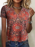 Romildi Floral Print V Neck T-Shirt, Casual Short Sleeve Top For Spring & Summer, Women's Clothing