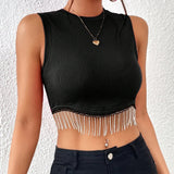 Fringe Hem Crop Tank Top, Sexy Sleeveless Tank Top For Summer, Women's Clothing