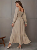Romildi Elegant Ruffle Flowy Long Dress, Solid Long Lantern Sleeve Square Neck Loose Waist Fashion Dresses, Women's Clothing