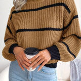 Romildi Striped Color Block Crew Neck Sweater, Casual Long Sleeve Loose Fall Winter Knit Sweater, Women's Clothing